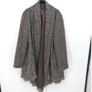 Boston Proper Wool Blend Coat Women Large Brown Chevron Tweed Open Jacket Fringe